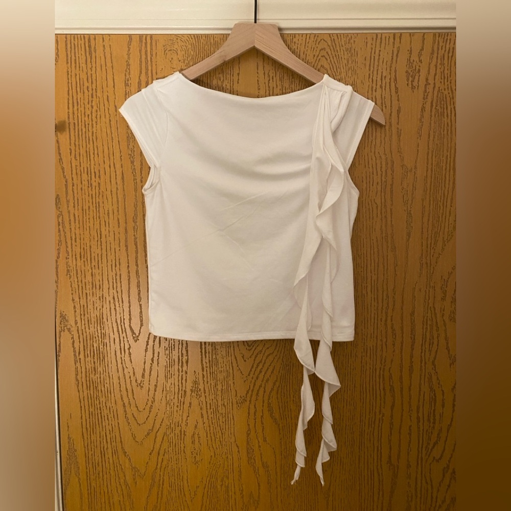 Aritzia White Asymmetrical Ruffle Blouse